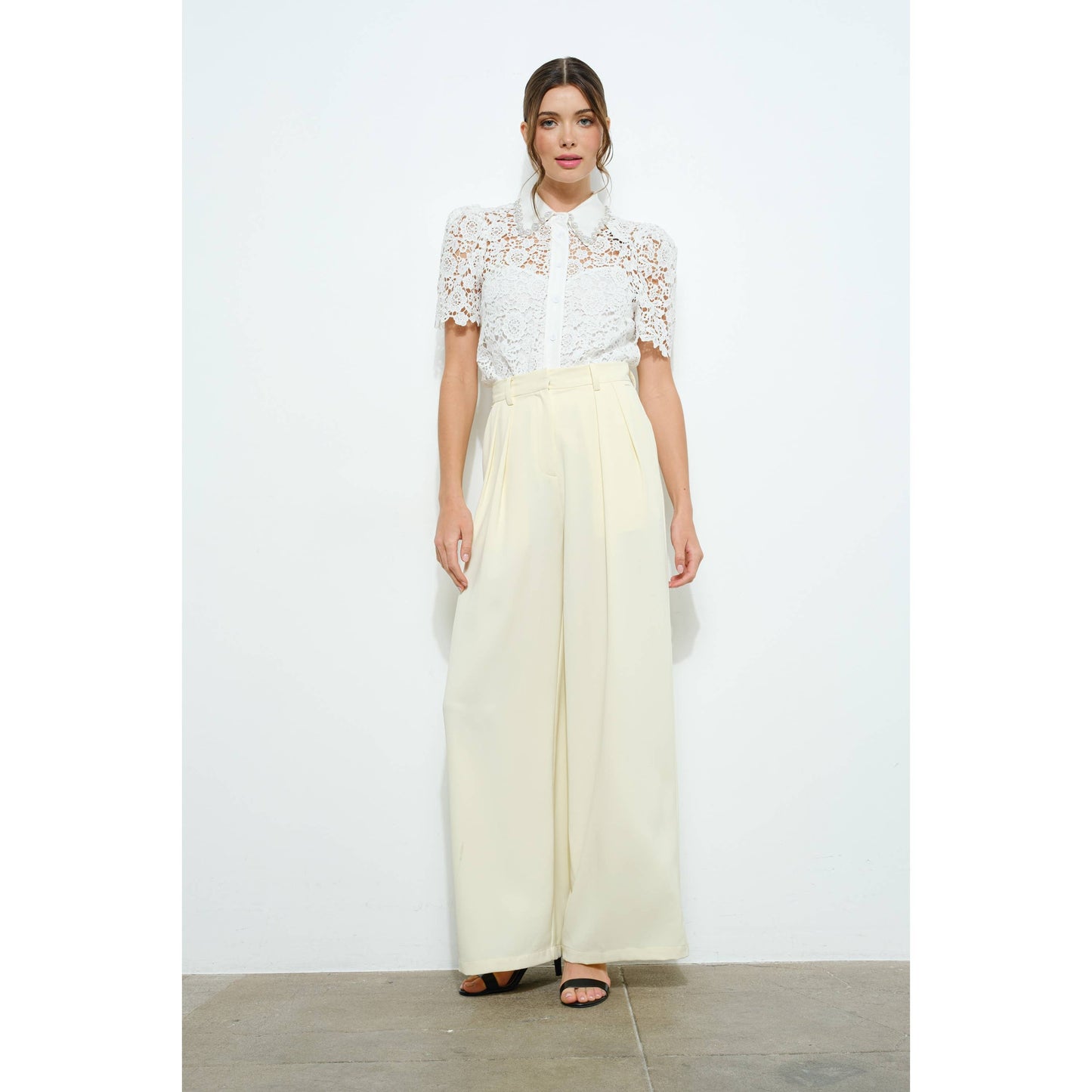 Pearl Embellished Collar Lace Blouse