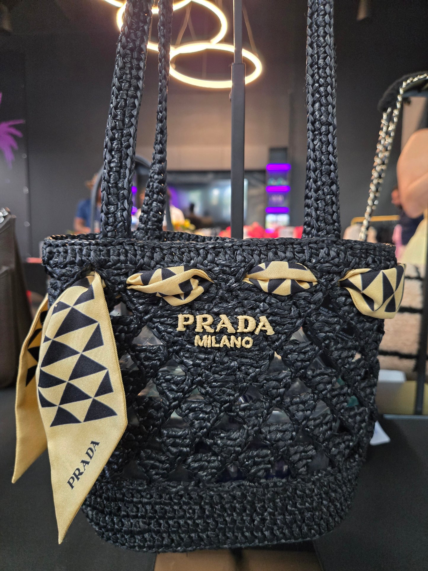 Prada Crochet Raffia Tote w/ Twilly- Luxury Pre-owned