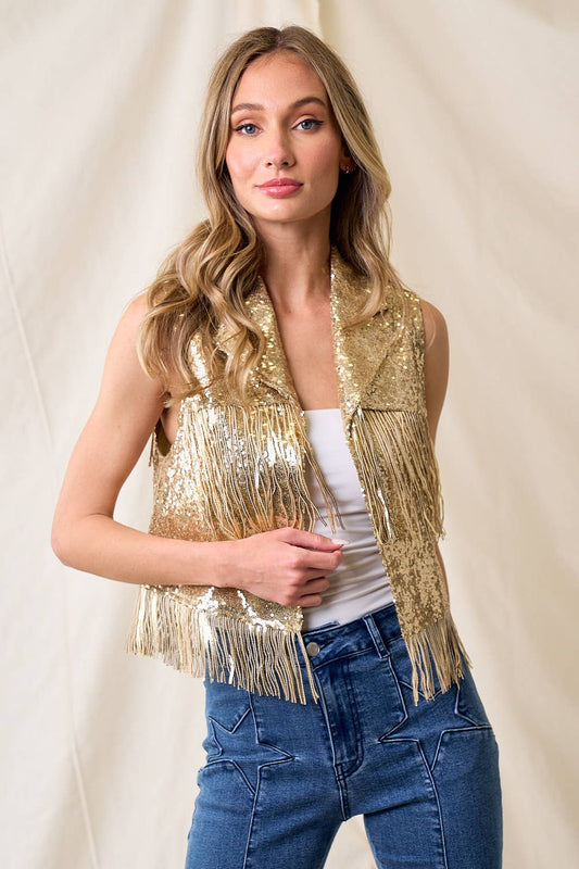 GOLD SEQUIN VEST WITH FRINGE WESTERN