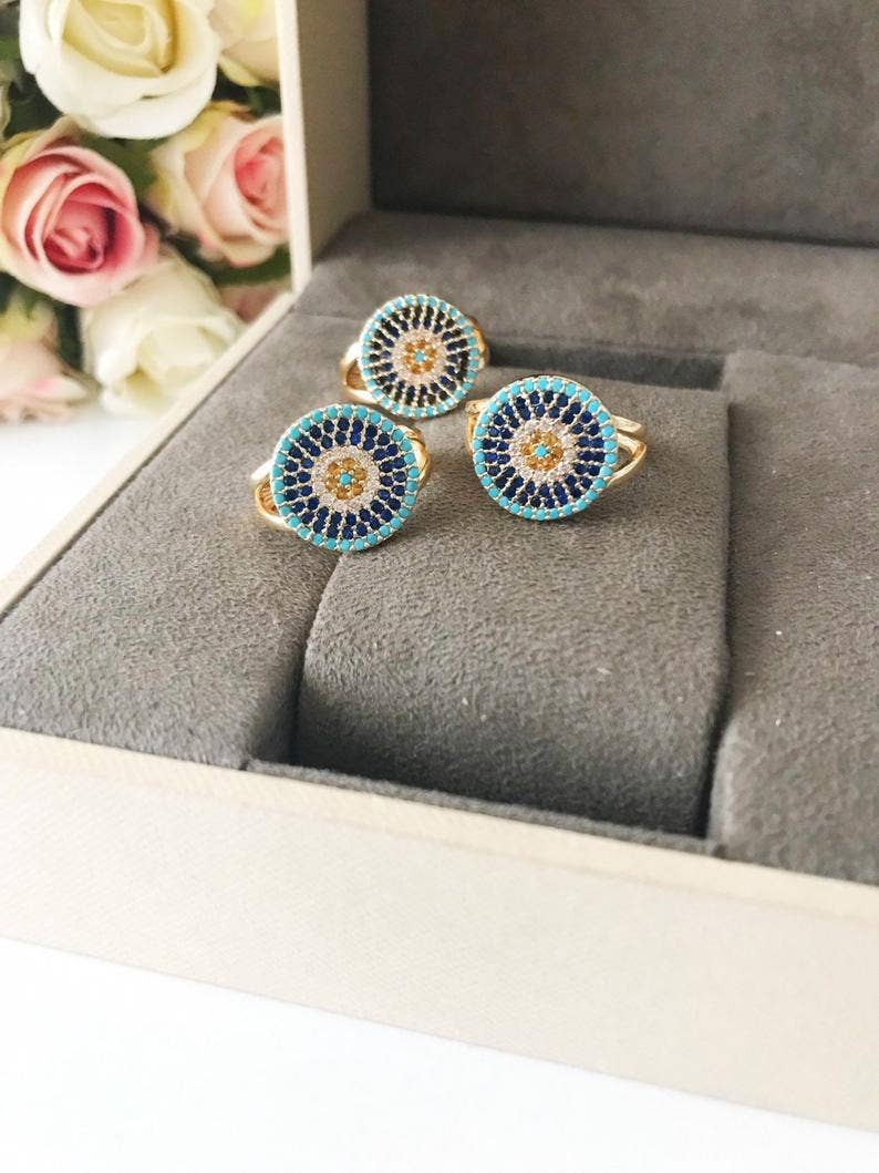 Adjustabe Evil Eye Ring Collection, Evil Eye Bead Ring, Hams
