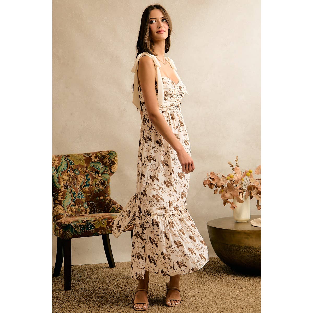 Floral Print Ribbon Strap Bustier Dress
