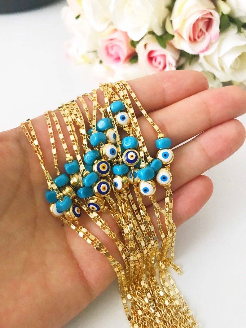 Gold Chain Bracelet, Evil Eye Bead, Blue White Evil Eye Bead, Greek Jewelry