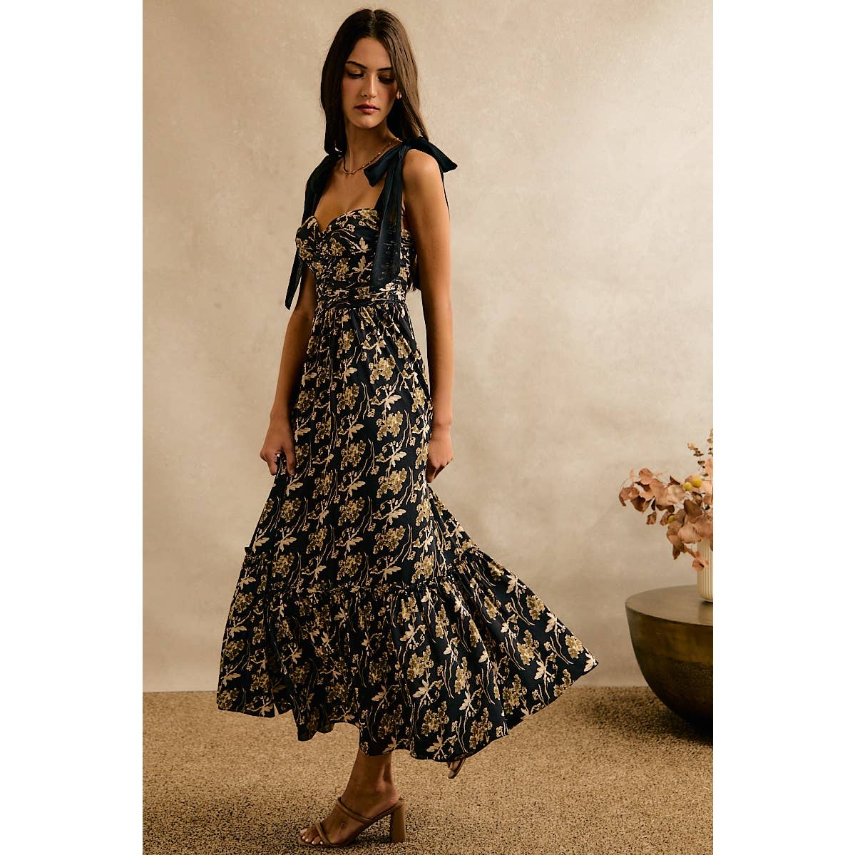 Floral Print Ribbon Strap Bustier Dress