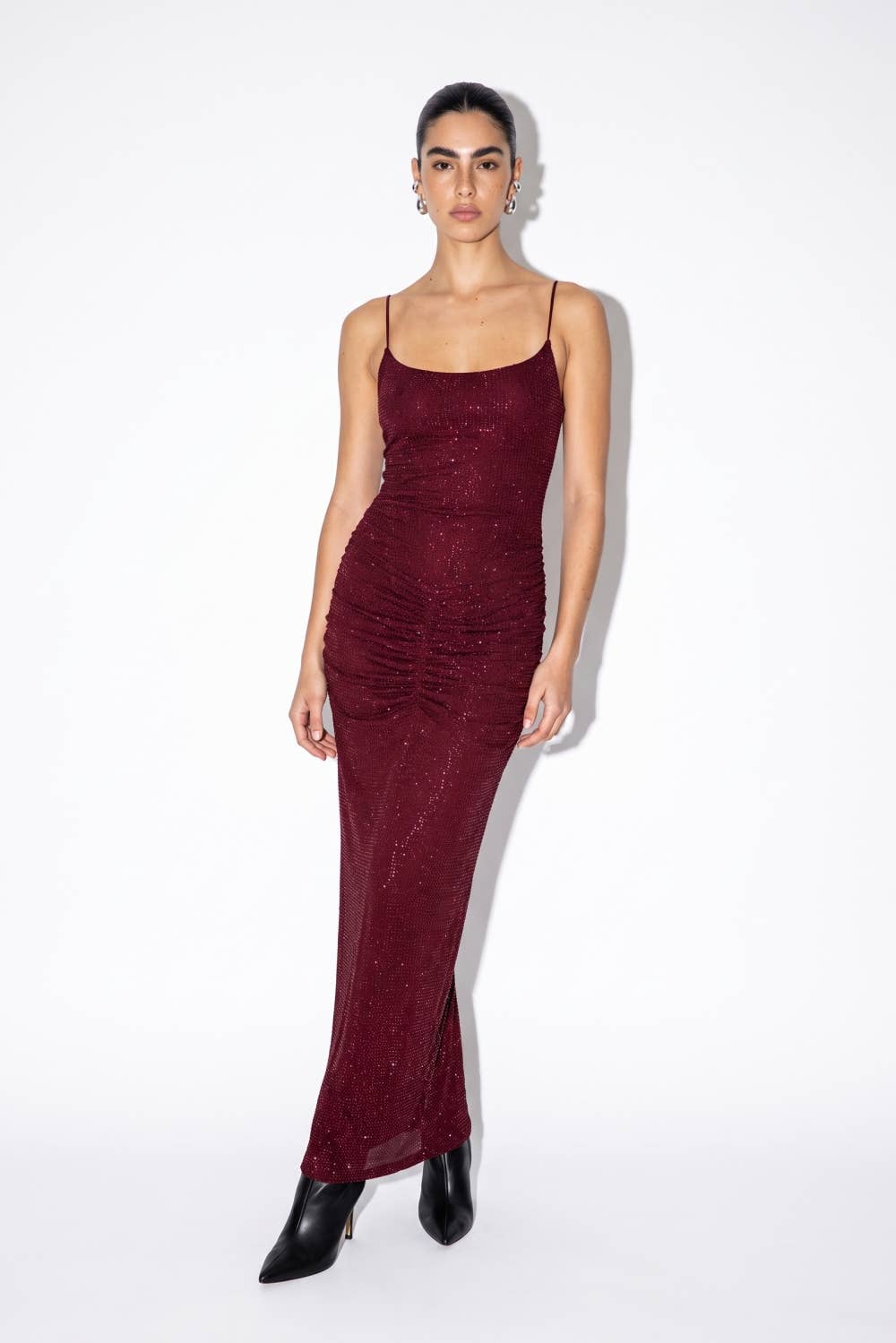 Holiday Shimmer Ruched Backless Maxi Dress