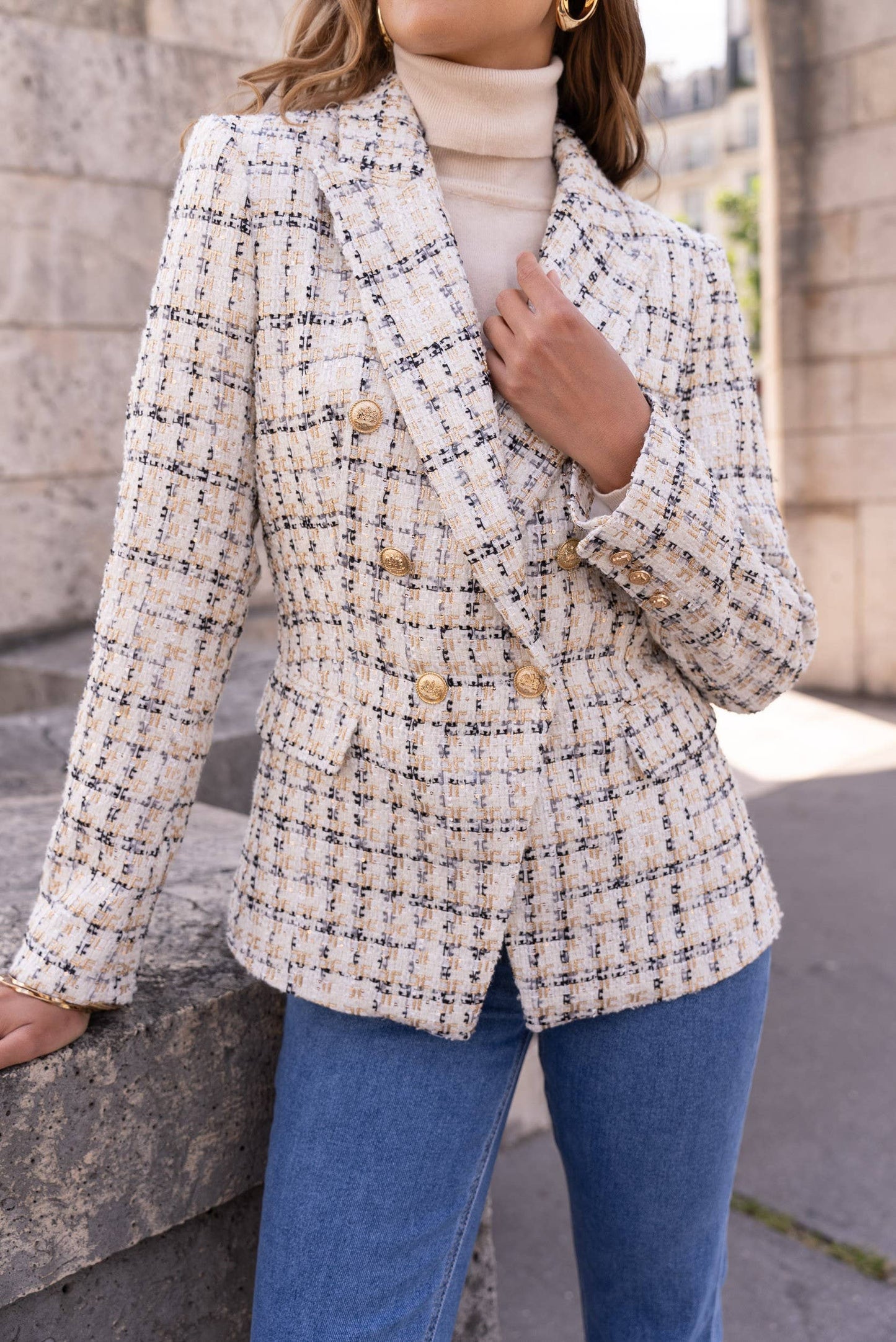 Checked tweed double-breasted fitted blazer jacket