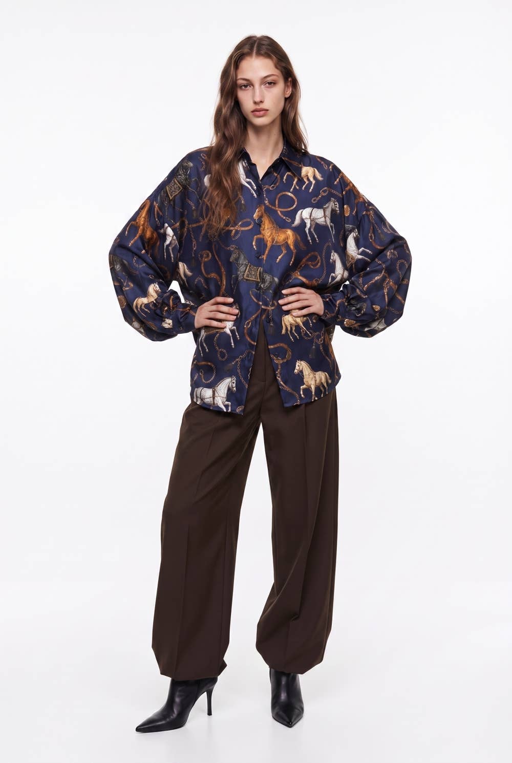 Oversized Equestrian Print Silky Shirt with Puff Sleeves