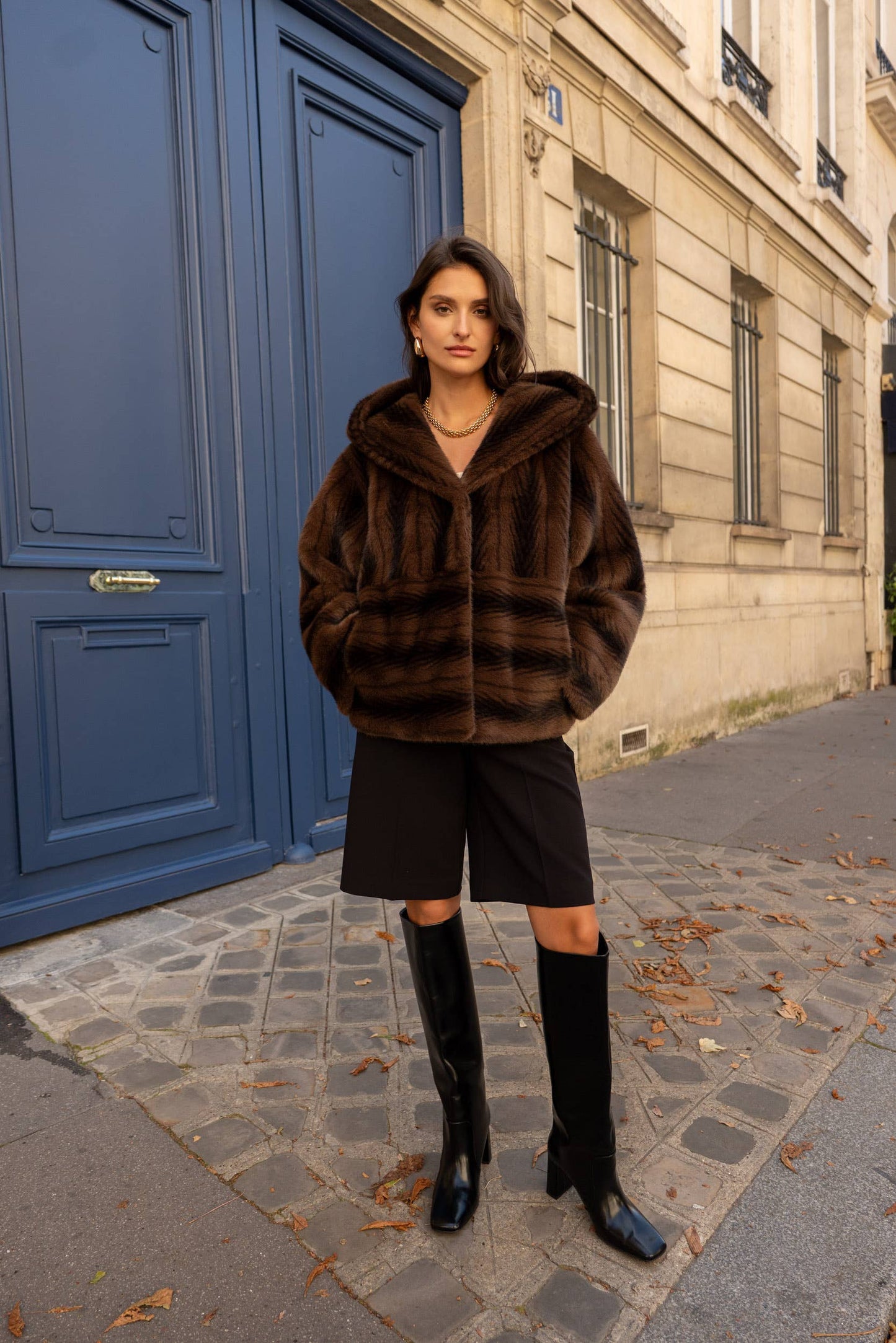 Short Vegan Fur Coat with Herringbone Pattern and Hood