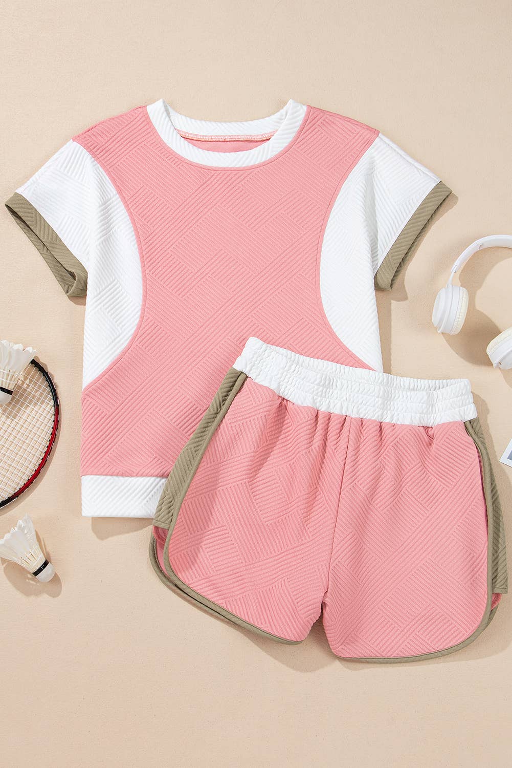 Textured Colorblock Patchwork Tee and Shorts Lounge Set