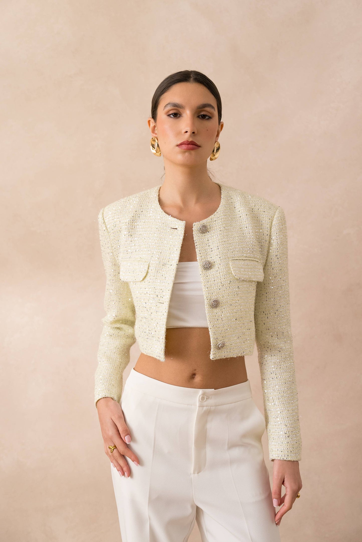 Short sequin tweed collarless jacket
