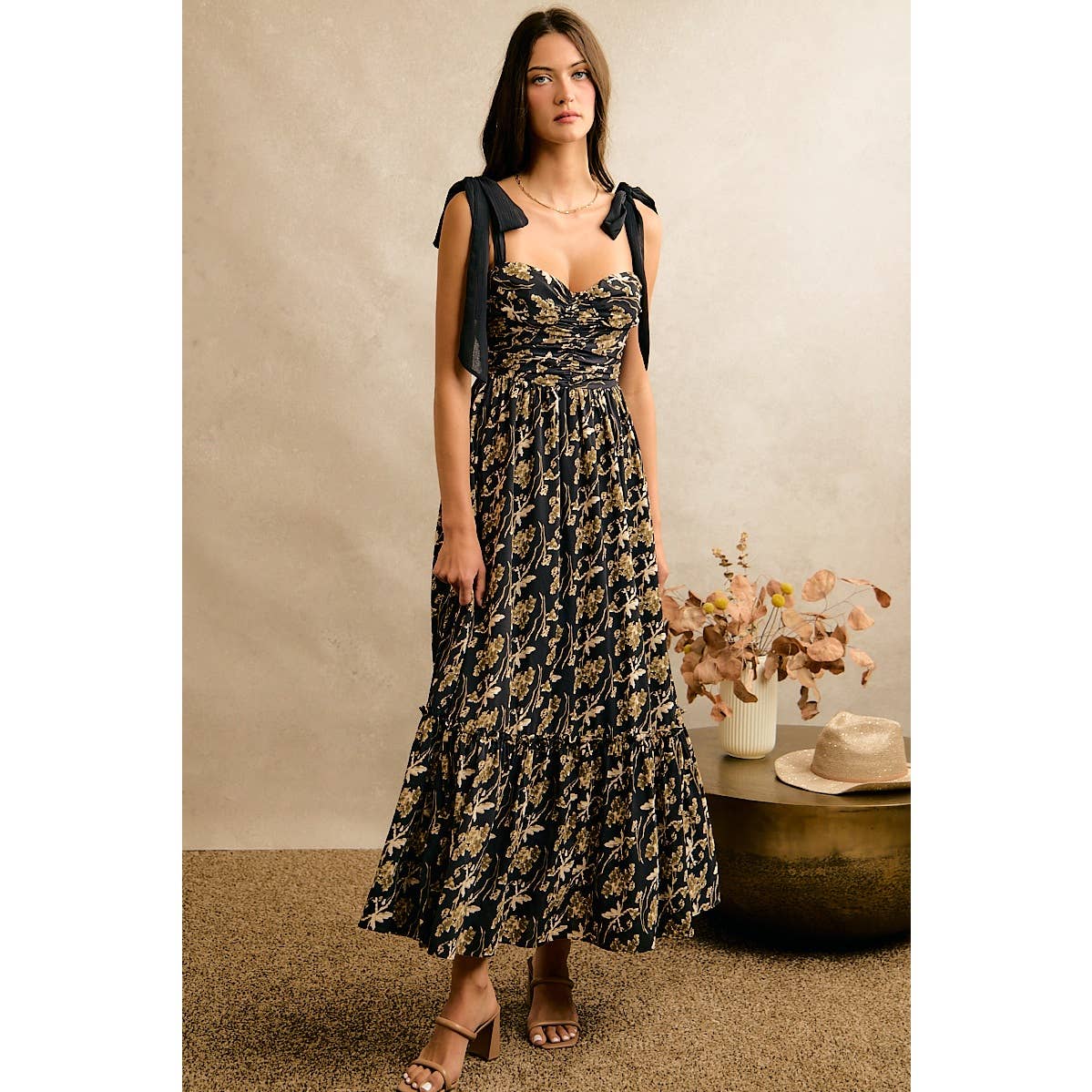 Floral Print Ribbon Strap Bustier Dress