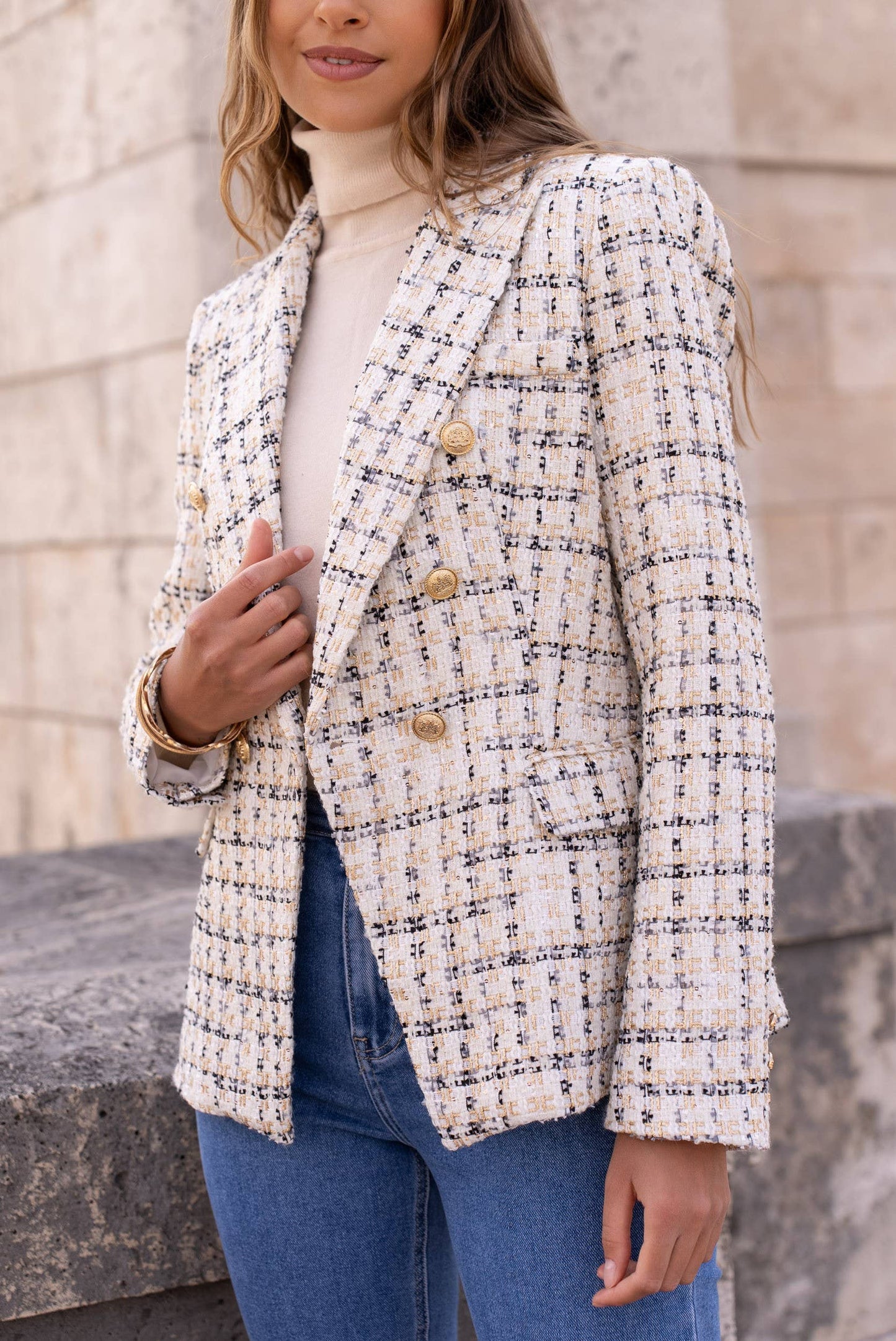 Checked tweed double-breasted fitted blazer jacket