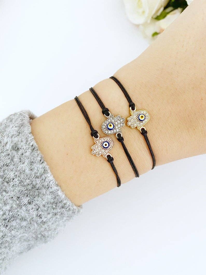 Evil Eye Bracelet, Hamsa Charm Bracelet, Evil Eye Beads, Black String Bracelet