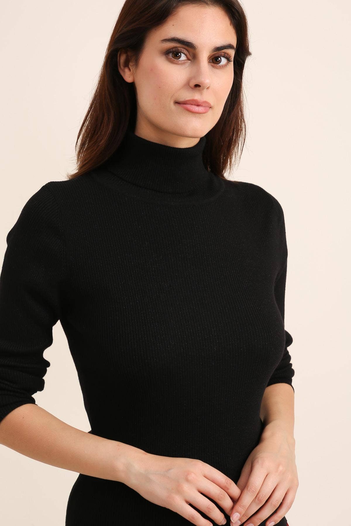 Ribbed turtleneck sweater in wool and lurex