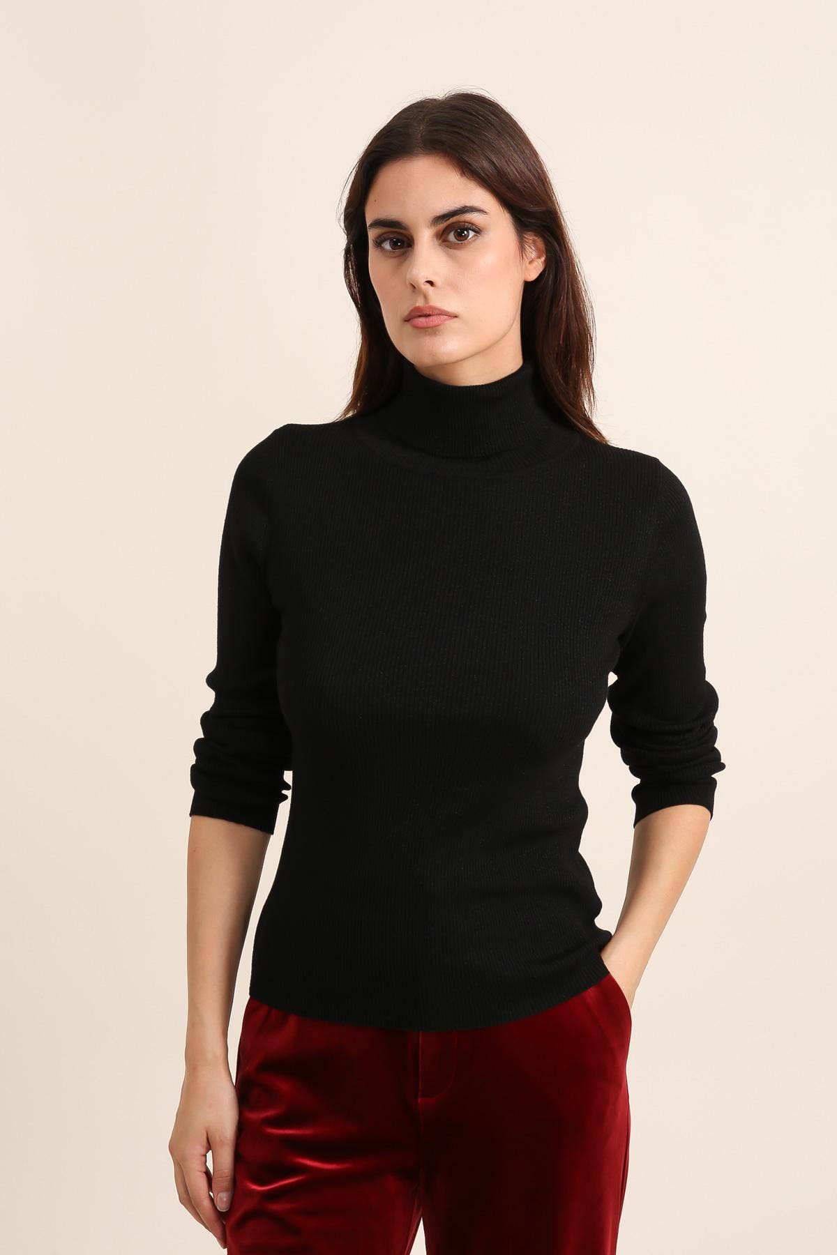Ribbed turtleneck sweater in wool and lurex