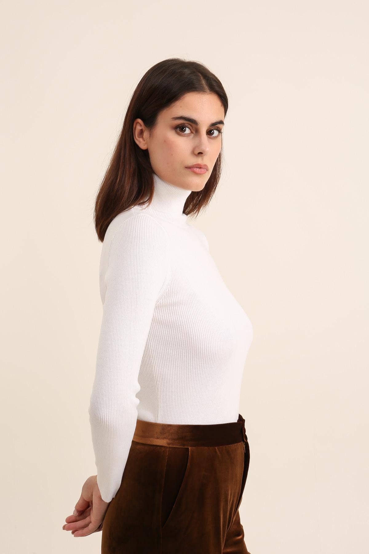 Ribbed turtleneck sweater in wool and lurex