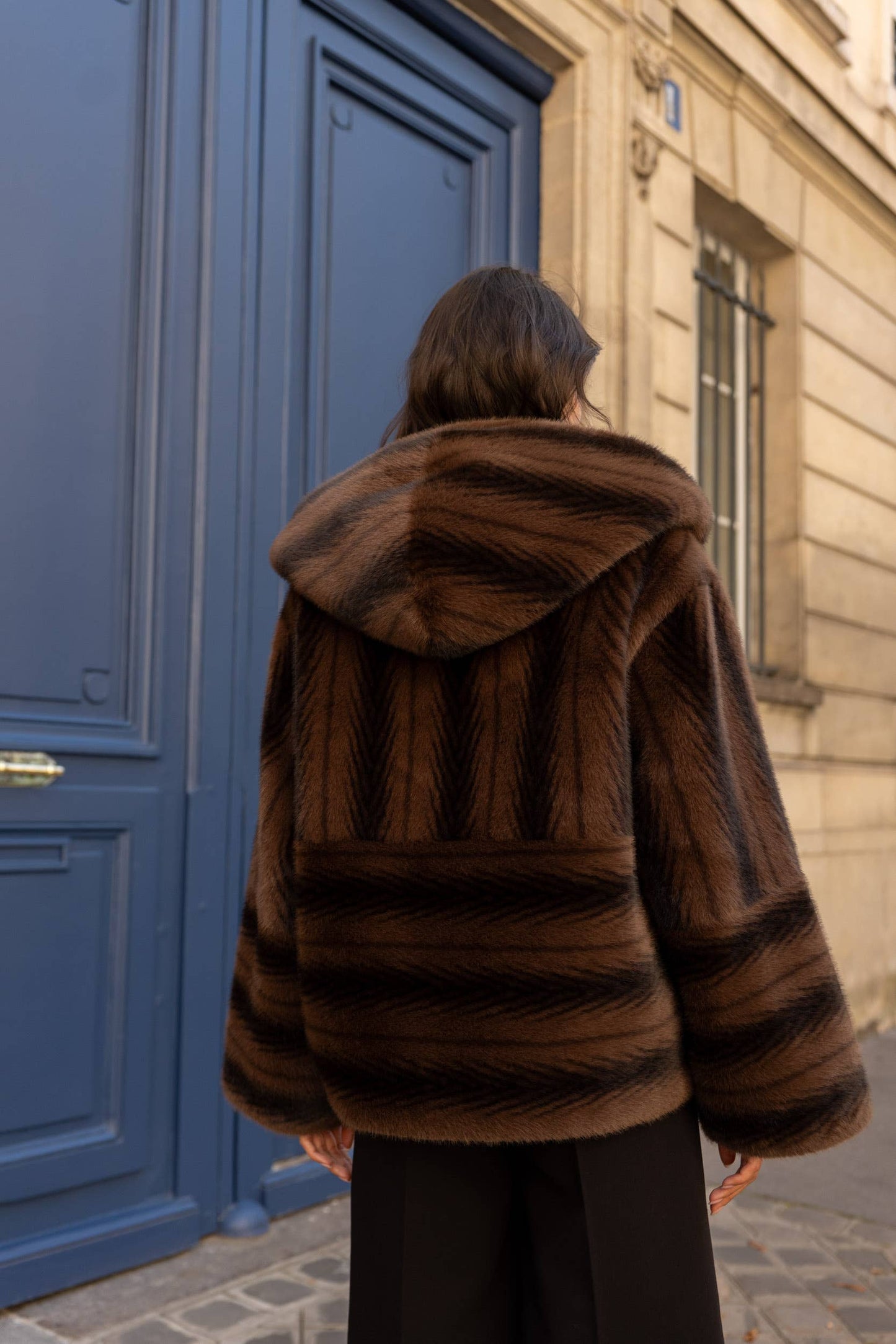 Short Vegan Fur Coat with Herringbone Pattern and Hood