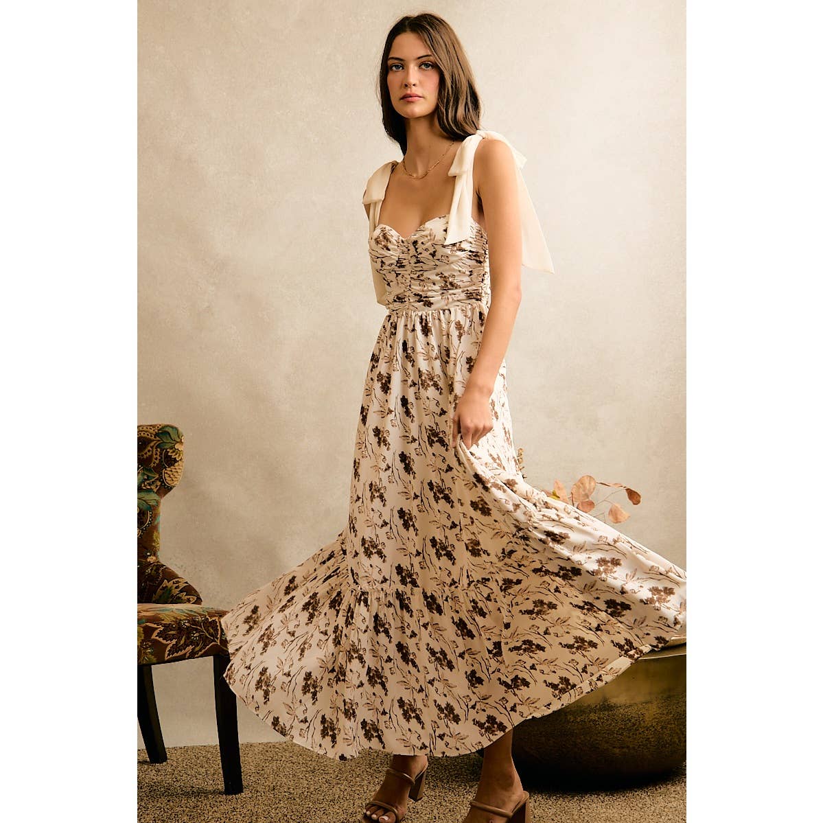 Floral Print Ribbon Strap Bustier Dress