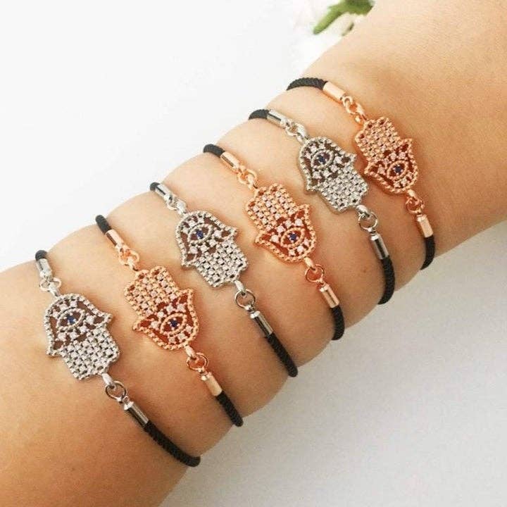 Hamsa Hand Bracelet, Adjustable Black String Bracelet, Rose Gold Silver