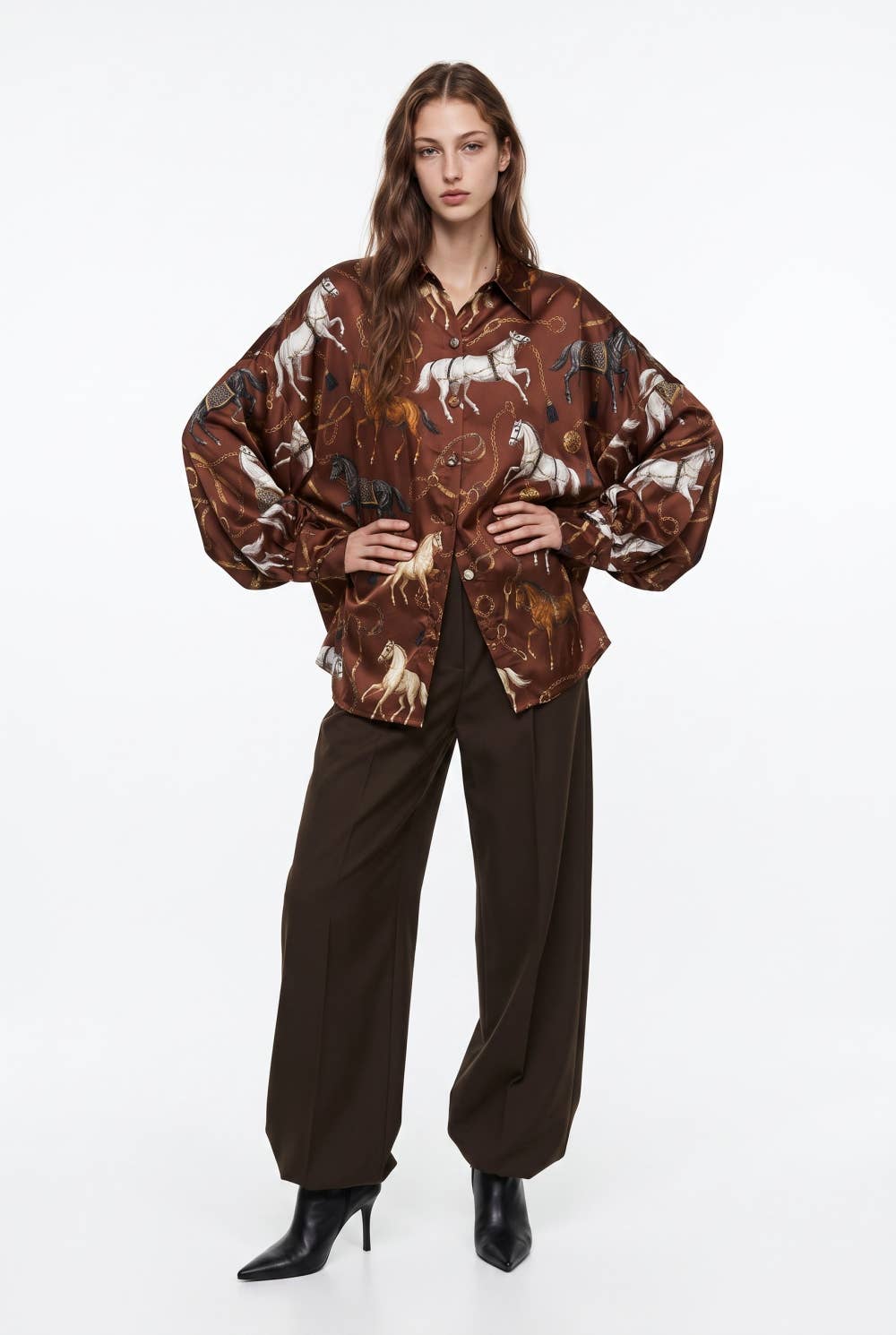 Oversized Equestrian Print Silky Shirt with Puff Sleeves