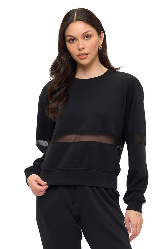 Long Sleeve Crew-Neck Scuba Top with Mesh