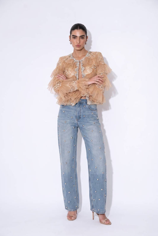 Beulah Style Embellished Tiered Ruffle Mesh Jacket