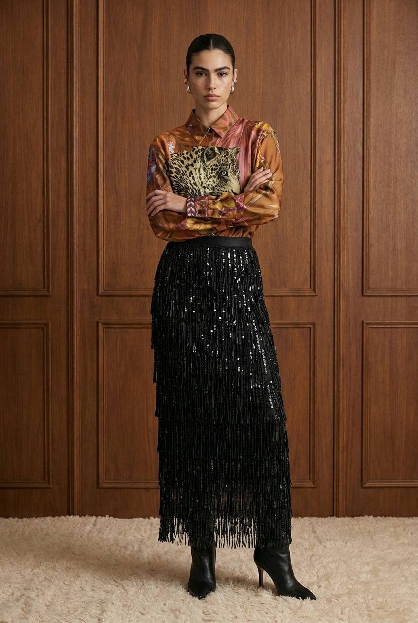 Engineered Leopard Motif Satin Button-Down