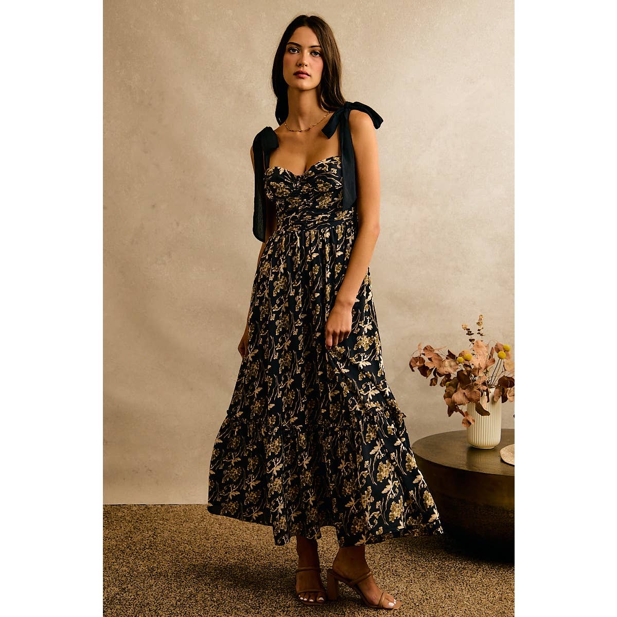 Floral Print Ribbon Strap Bustier Dress