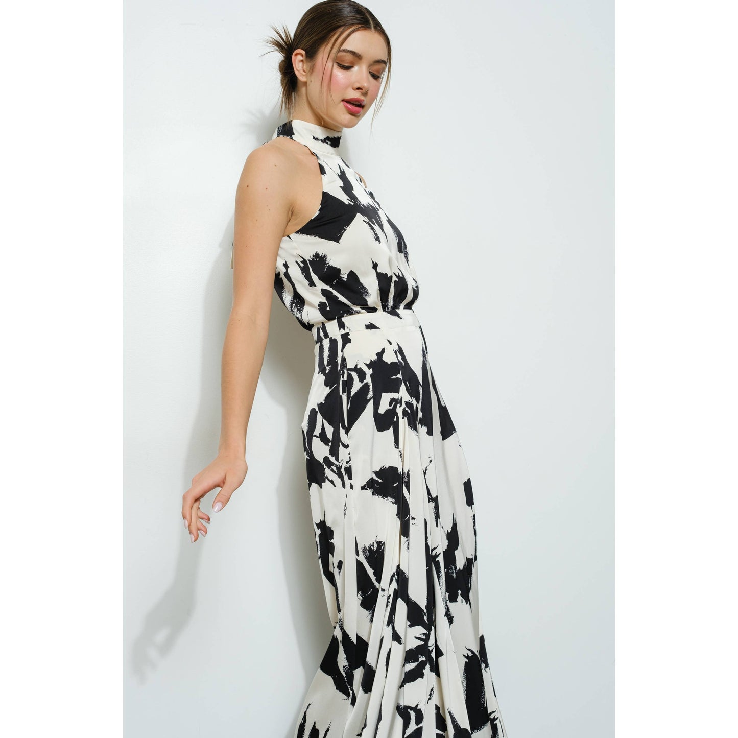 Abstract Print Halter Neck Wide-Leg Jumpsuit