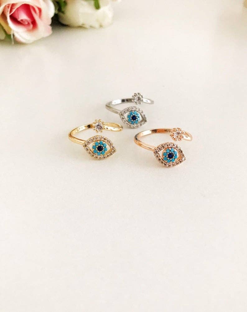 Adjustable Evil Eye Ring, Zircon Evil Eye Ring, Rose Gold Silver Ring