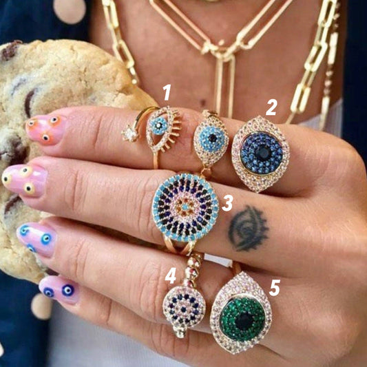 Evil Eye Ring Set, Adjustable Evil Eye Ring, Zircon Statement Ring