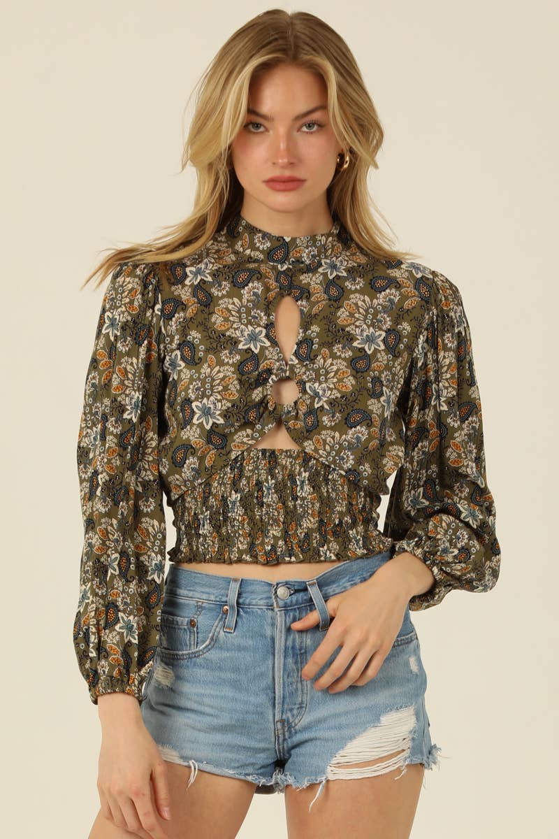 HIGH NECK LONG SLEEVE BLOUSE WITH CUT OUT DETAILS