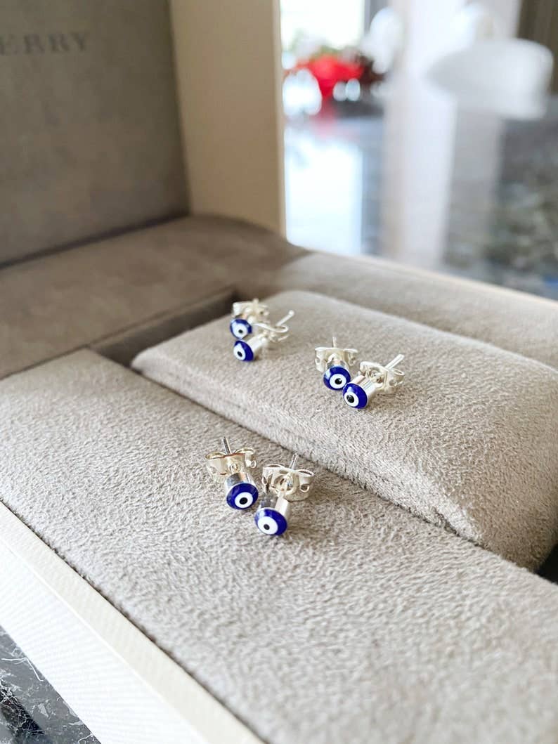 Navy Blue Evil Eye Earrings, Gold Silver Stud Earrings, Dainty Evil Eye Jewelry,