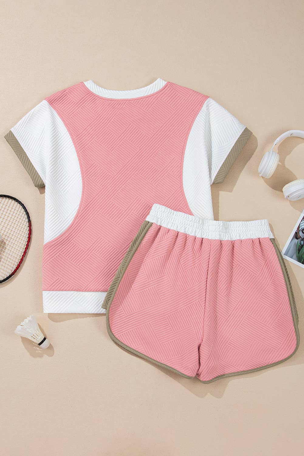 Textured Colorblock Patchwork Tee and Shorts Lounge Set