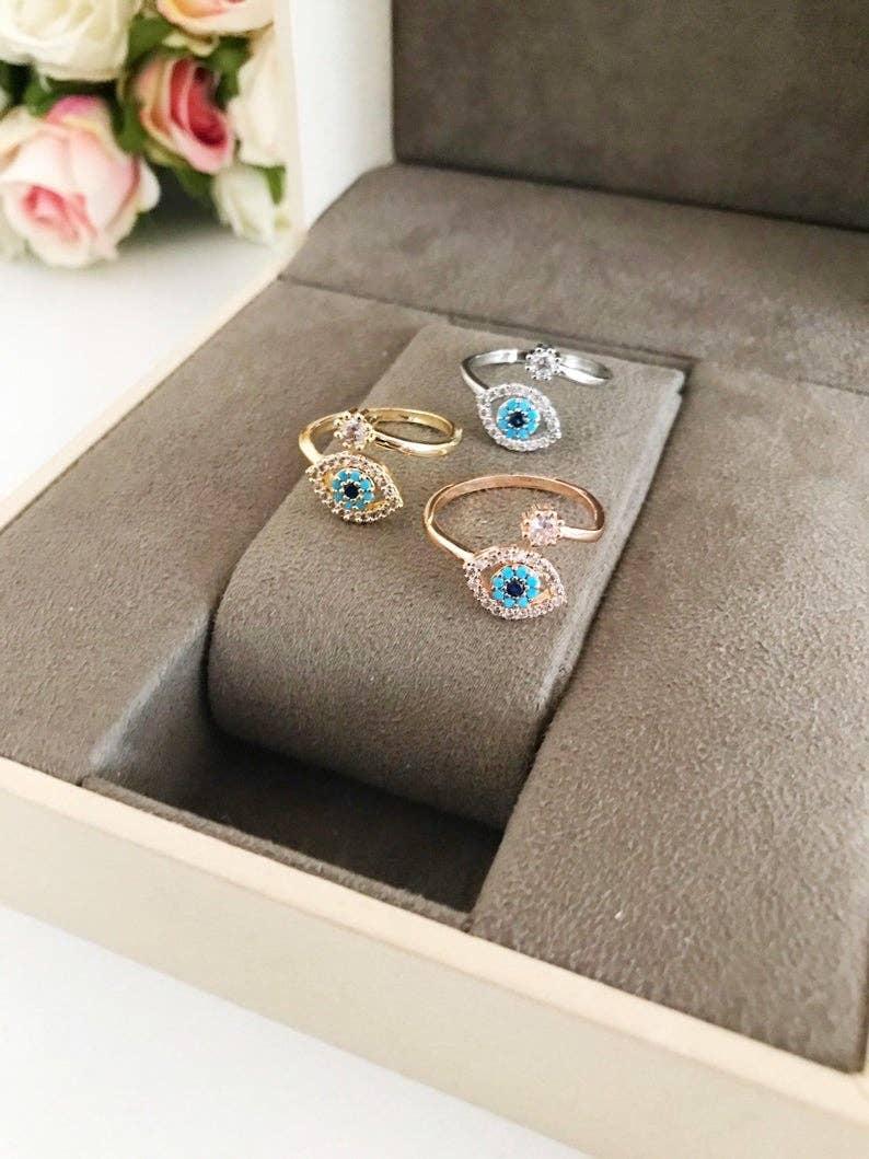 Adjustable Evil Eye Ring, Zircon Evil Eye Ring, Rose Gold Silver Ring