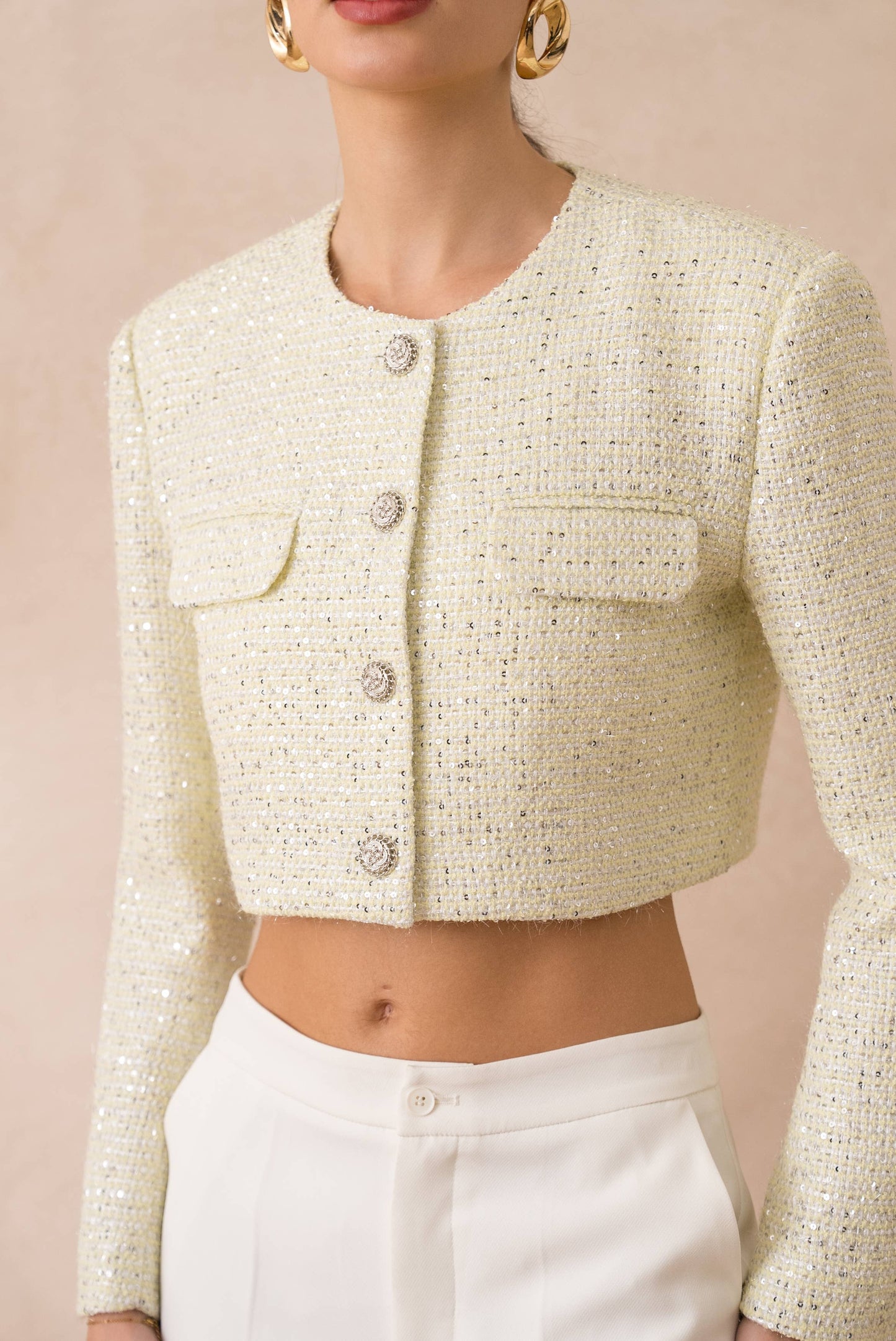 Short sequin tweed collarless jacket