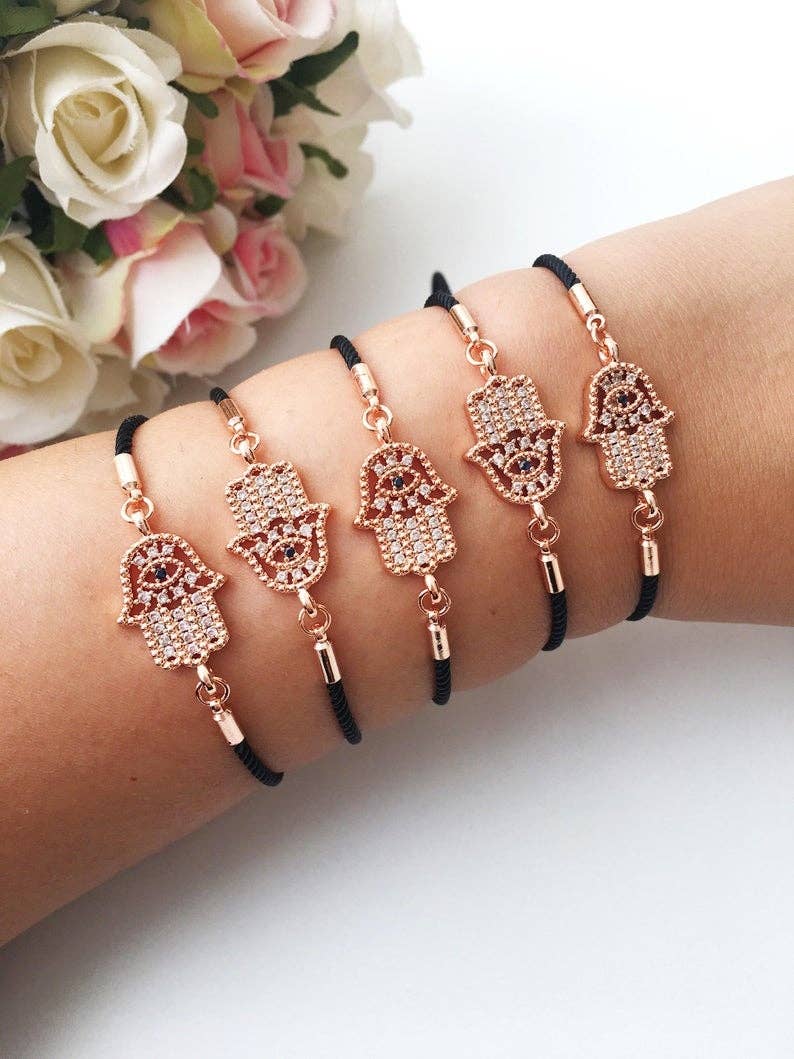 Hamsa Hand Bracelet, Adjustable Black String Bracelet, Rose Gold Silver