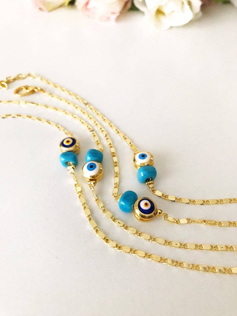 Gold Chain Bracelet, Evil Eye Bead, Blue White Evil Eye Bead, Greek Jewelry