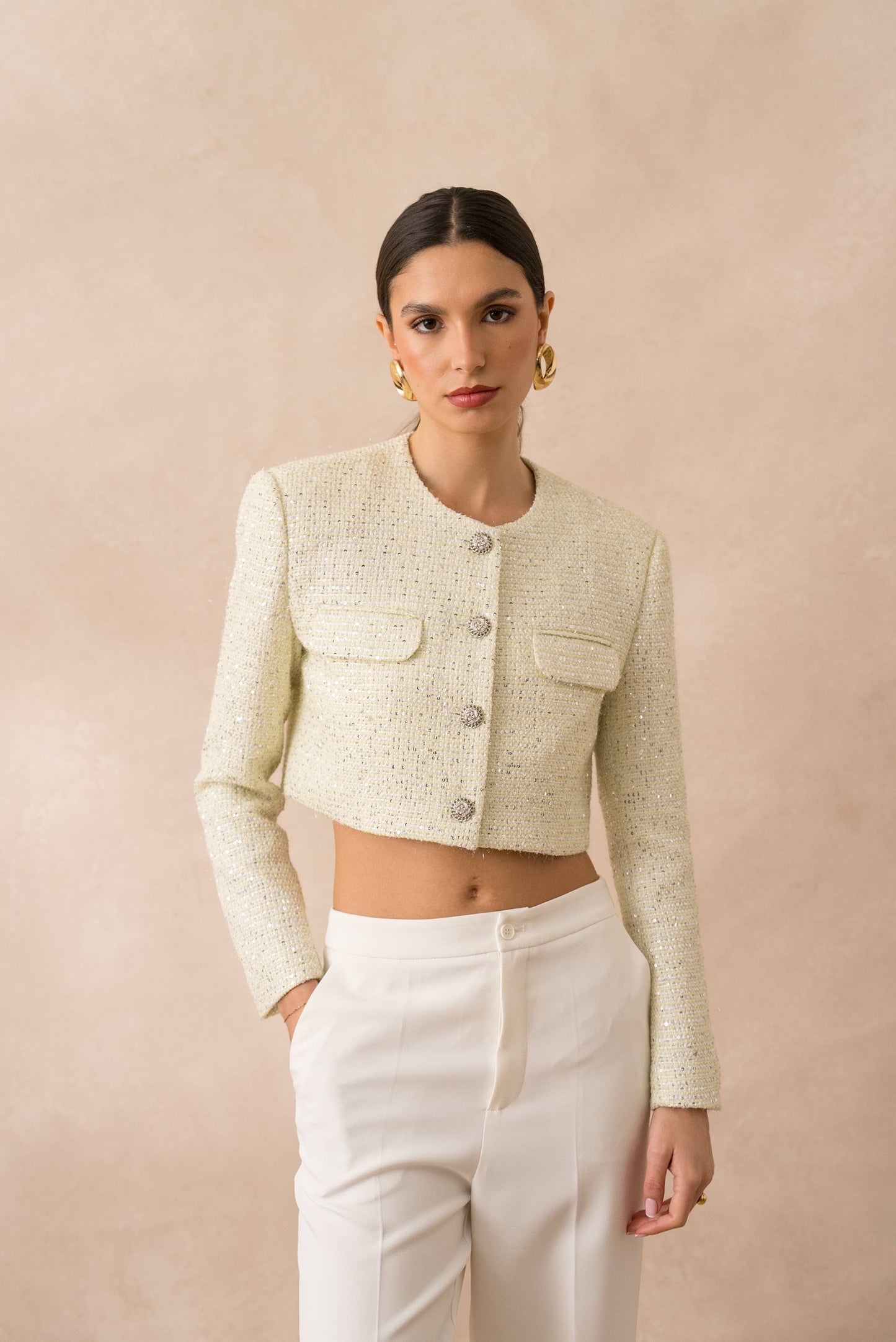 Short sequin tweed collarless jacket