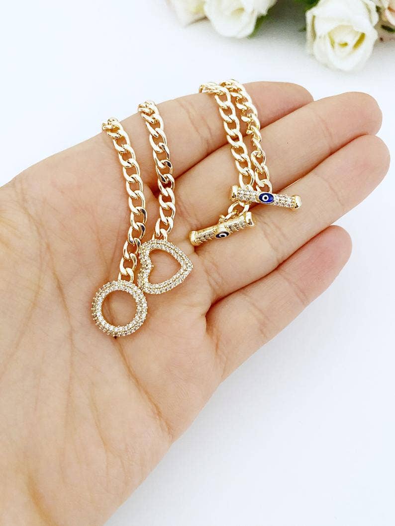 Evil Eye Toggle Bracelet, Gold Chain Bracelet, Heart Charm Bracelet