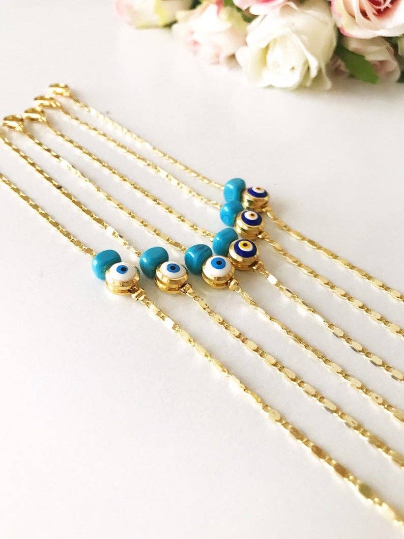 Gold Chain Bracelet, Evil Eye Bead, Blue White Evil Eye Bead, Greek Jewelry