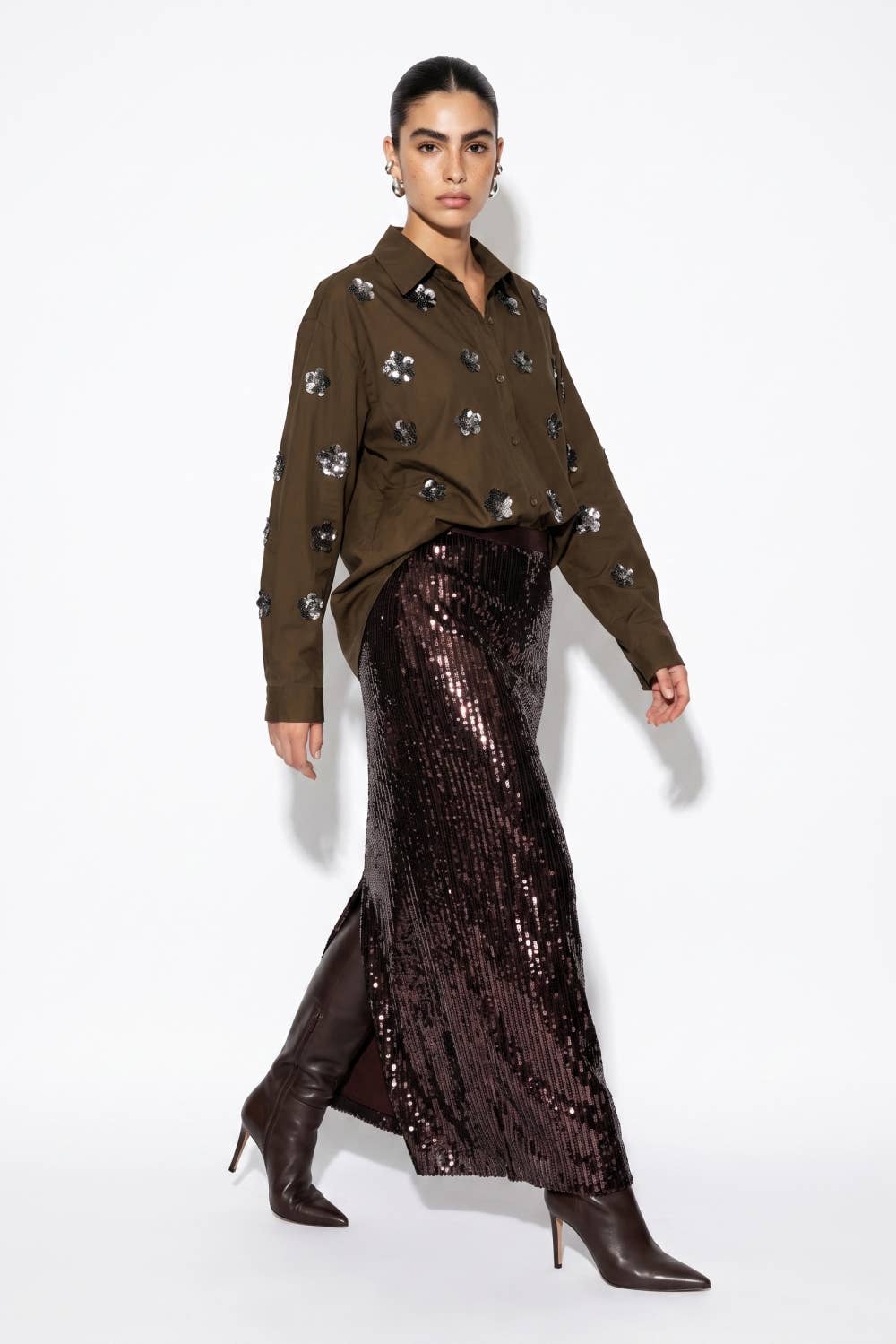 Sequin Floral Embellished Button-Down Shirt