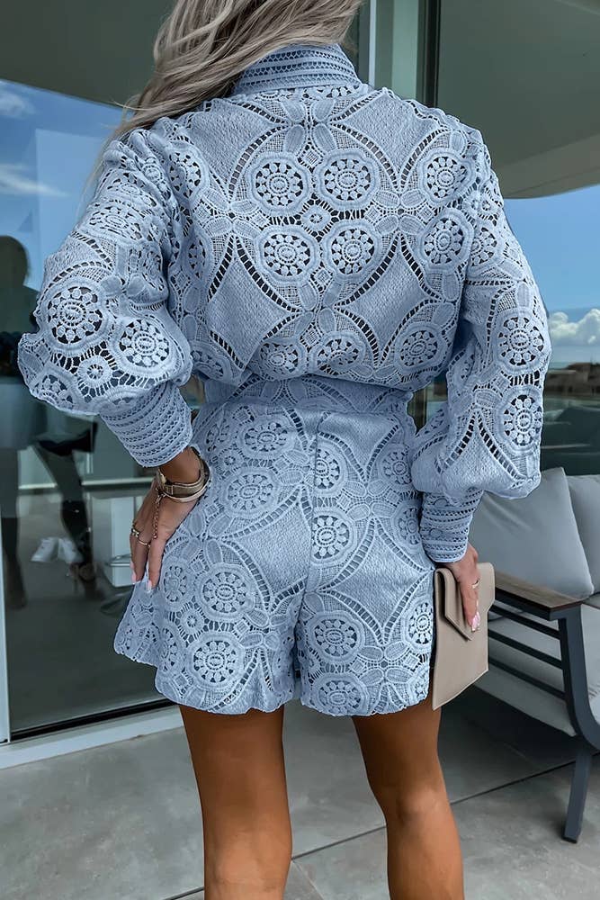 Full Lace Buttoned Blouse With Shorts 2pcs Set ZK1543