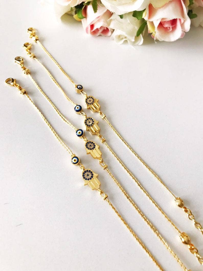 Hamsa Evil Eye Bracelet, Gold Chain Bracelet, Greek Jewelry