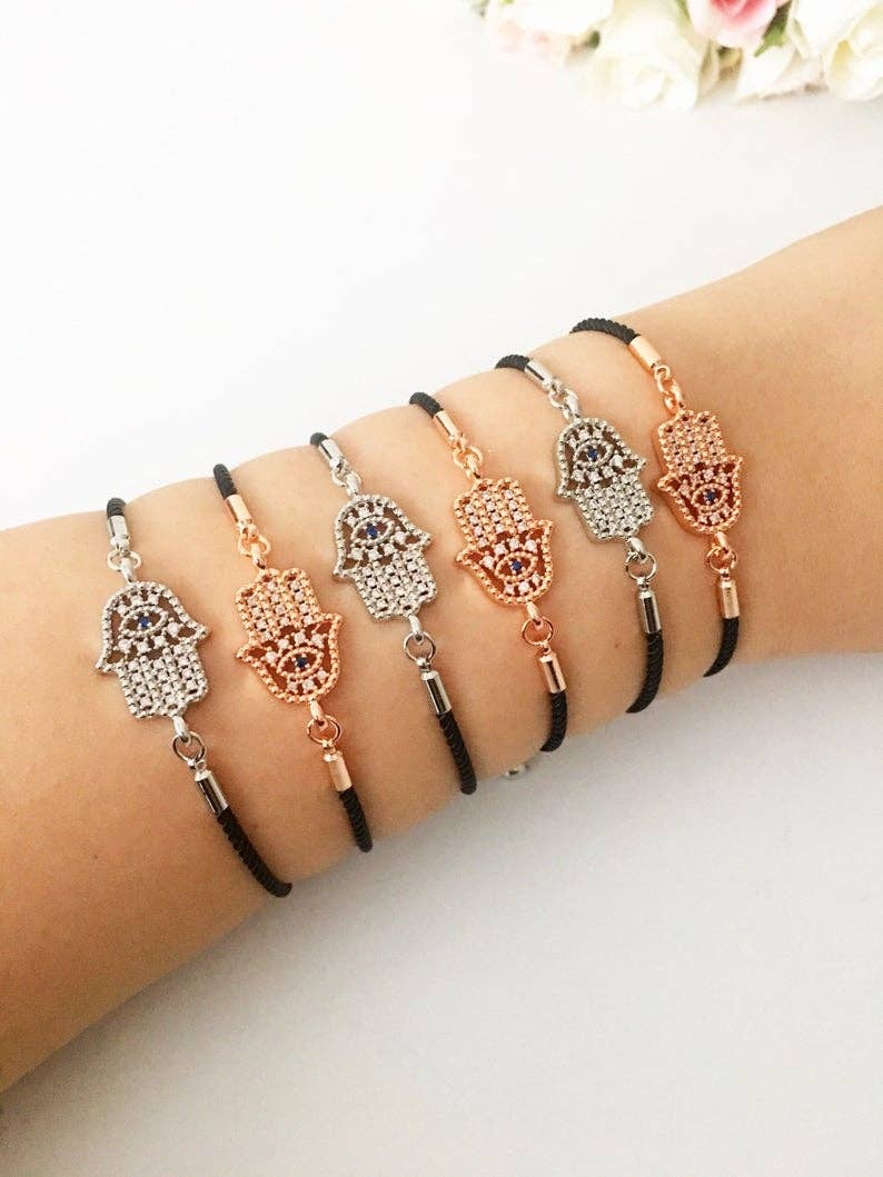 Hamsa Hand Bracelet, Adjustable Black String Bracelet, Rose Gold Silver