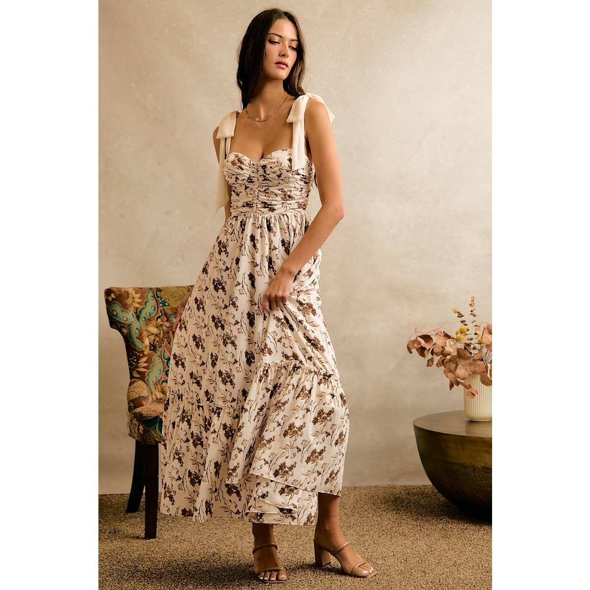 Floral Print Ribbon Strap Bustier Dress