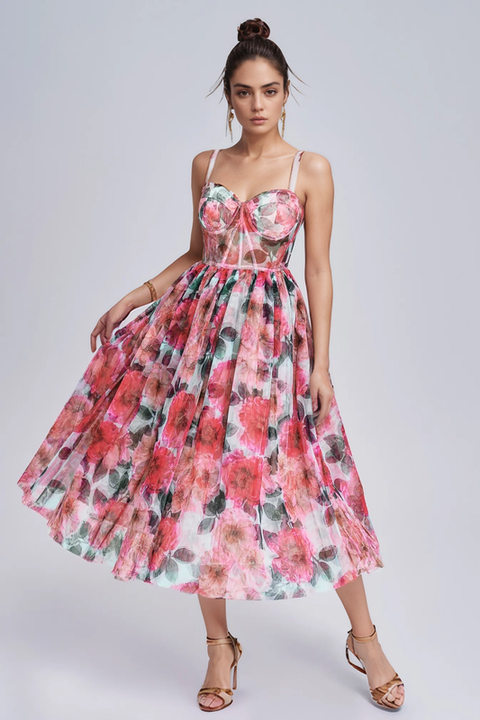 Floral Mesh Suspender Dress - Slim Waist A-Line Swing