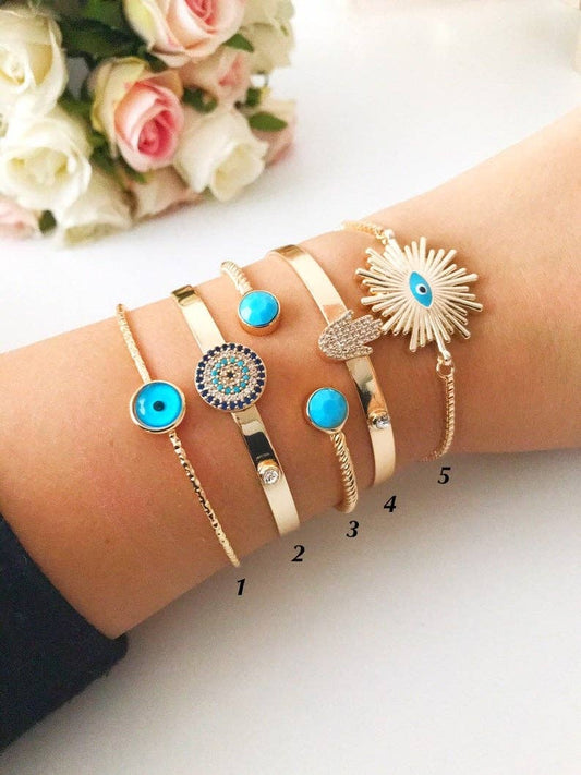 Bangle Bracelet, Blue Evil Eye Bracelet, Hamsa Bracelet