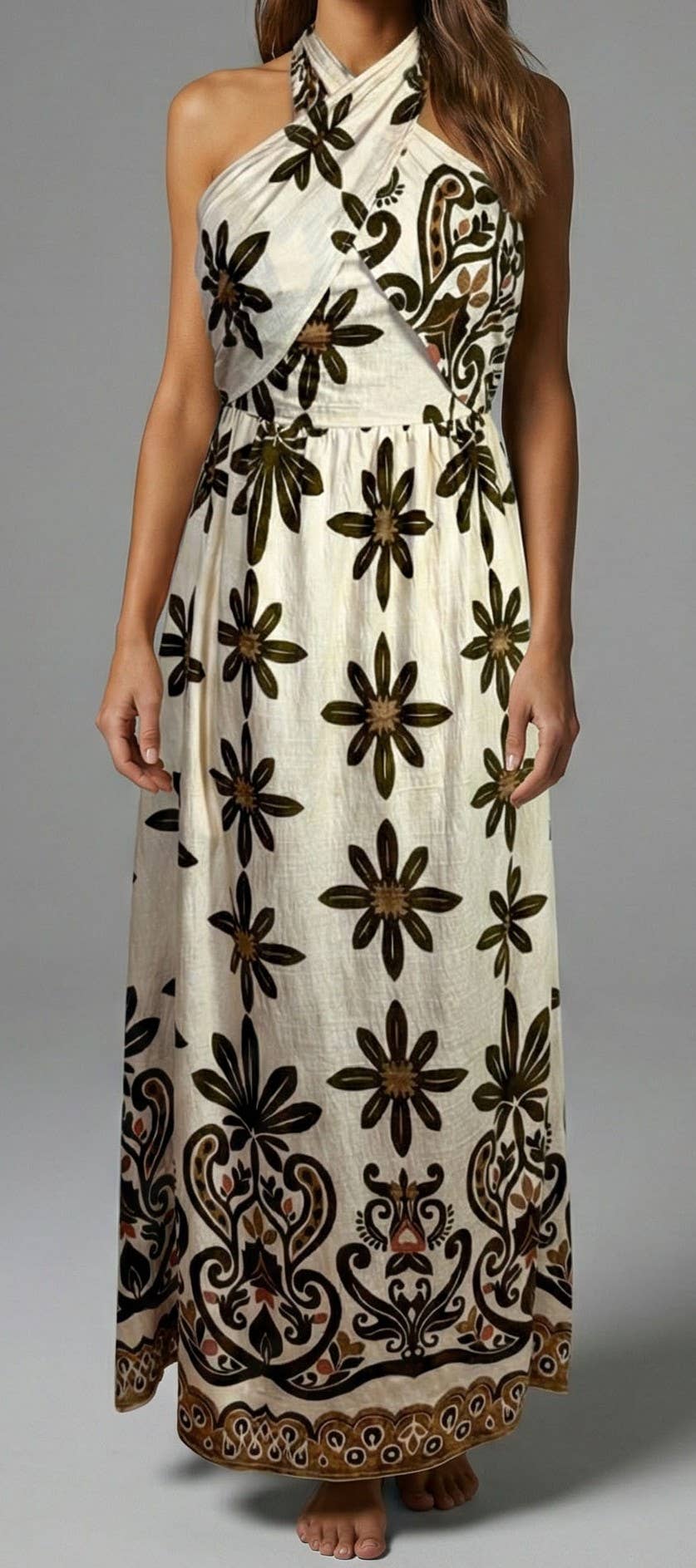 Meet Me In Santorini Olive Veil Halter Maxi Dress