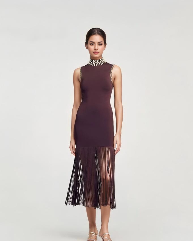 High Neck Pearl Fringe Sleeveless Knit Maxi Dress