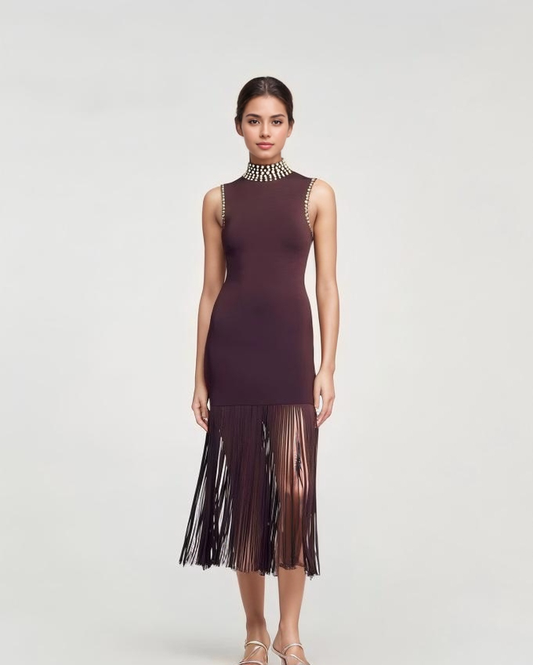 High Neck Pearl Fringe Sleeveless Knit Maxi Dress